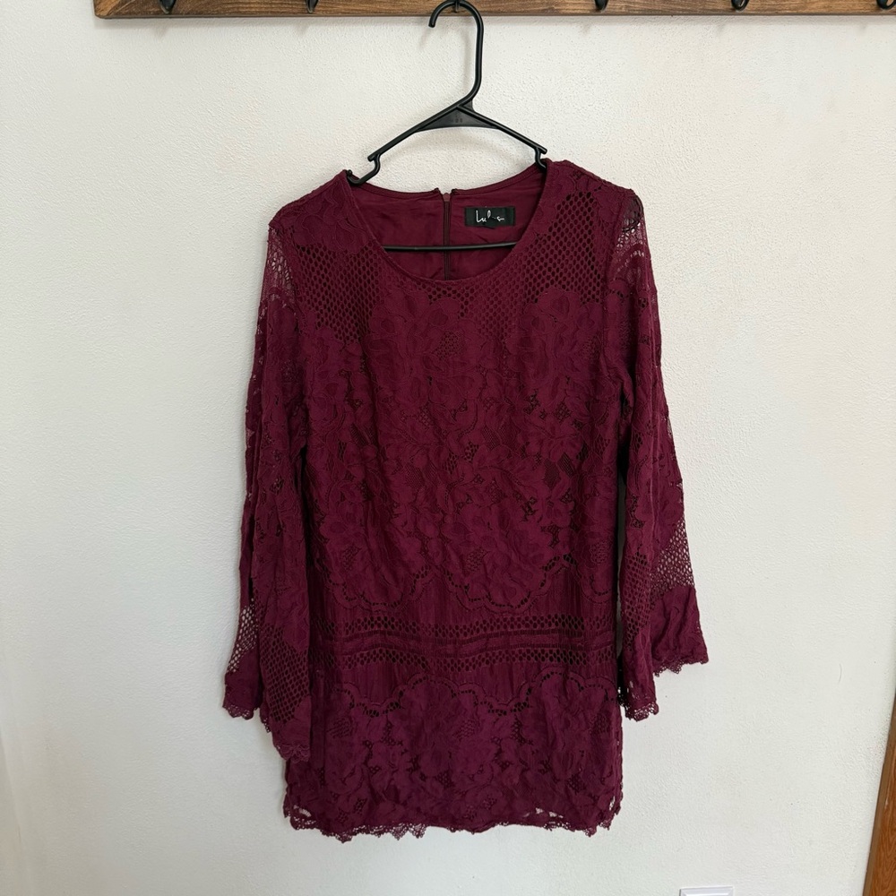 Lulu's Burgundy Lace Long Sleeve Dress